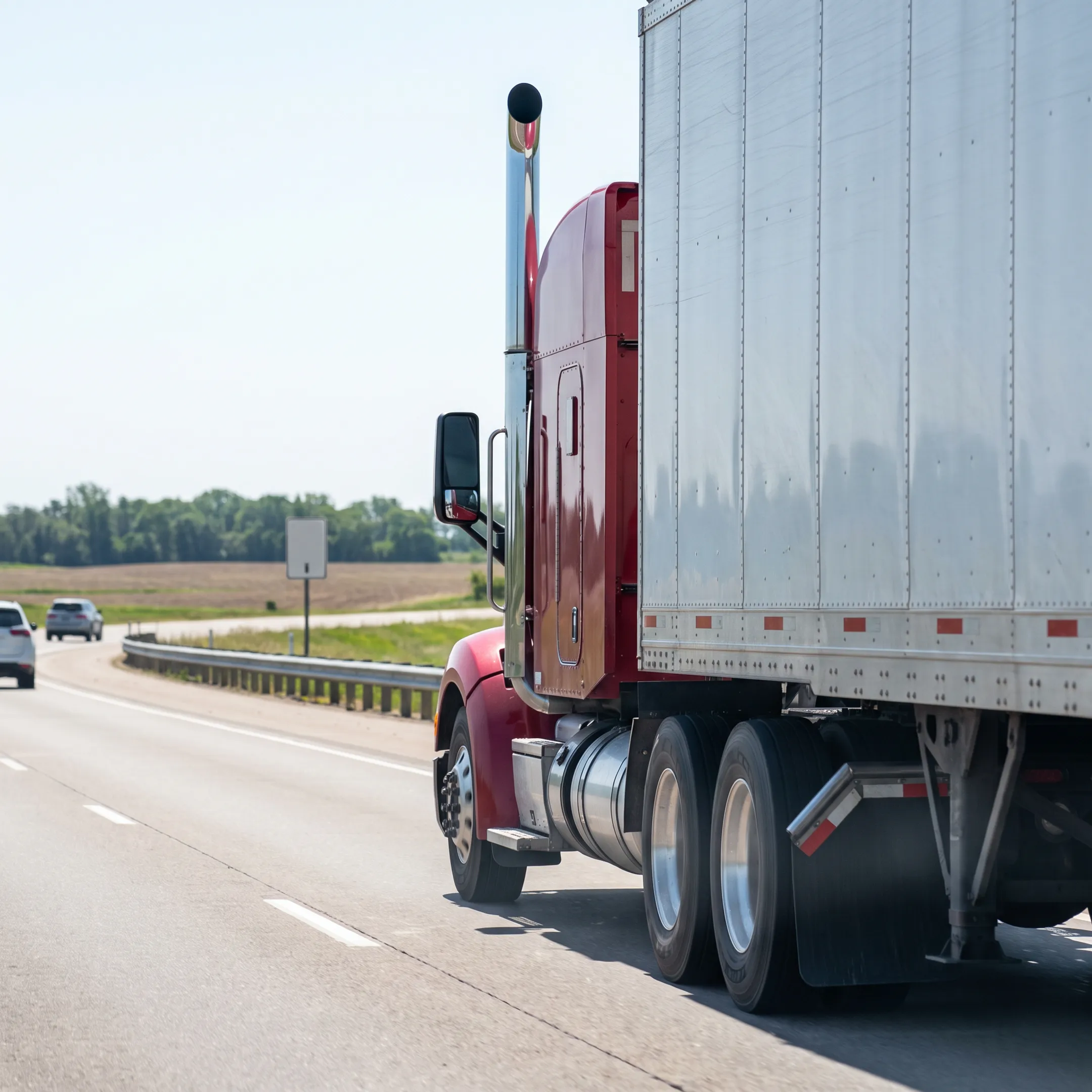 Commercial semi truck driving on a multi-lane highway carrying freight safely
