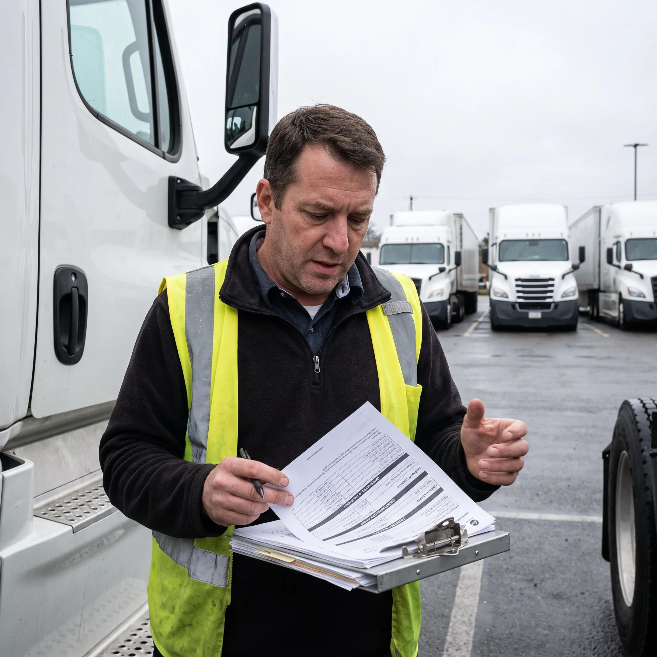 Logistics manager reviewing commercial fleet insurance documents beside heavy freight trucks