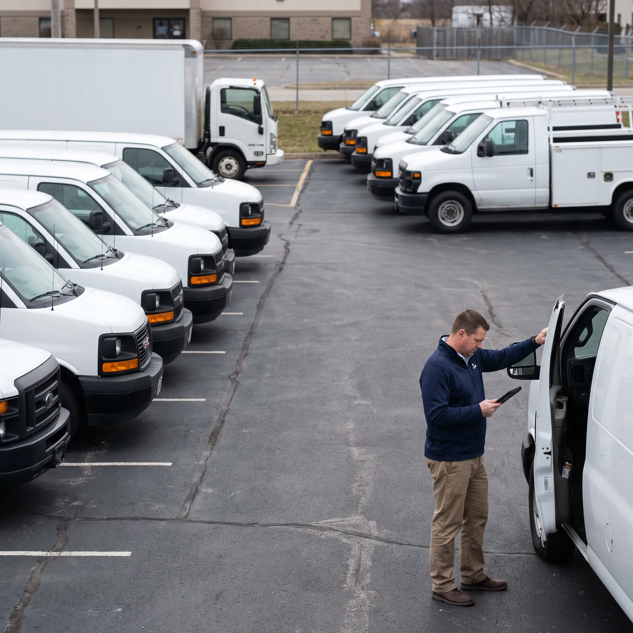 Commercial fleet vehicles parked in a row ready for business dispatch