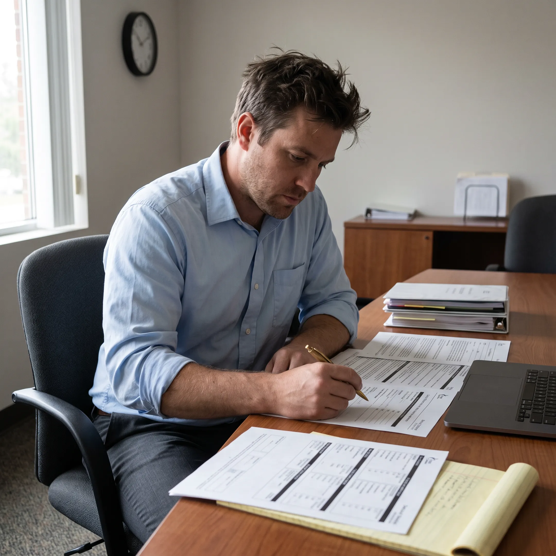 Insurance advisor reviewing commercial vehicle policy documents with a business owner
