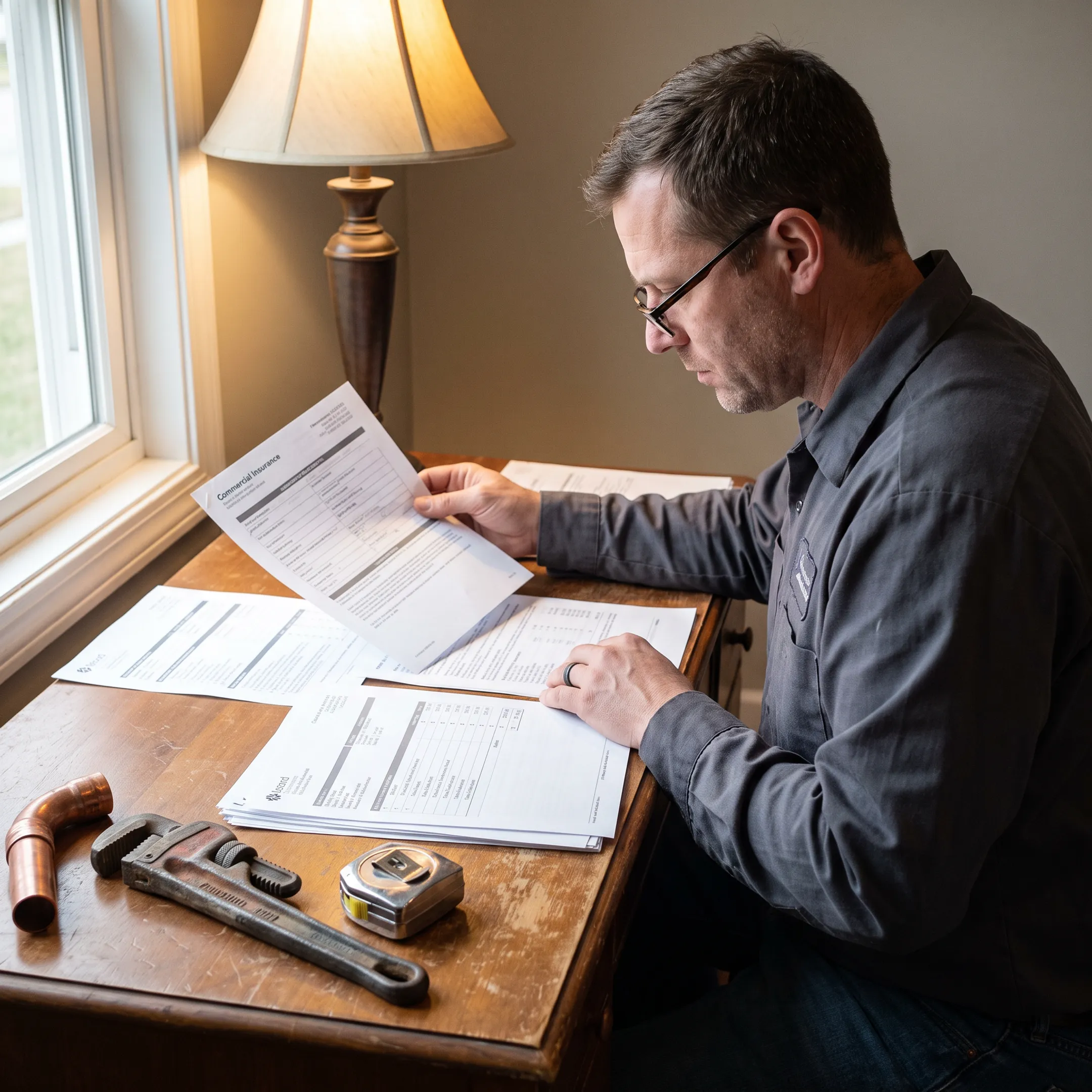 Plumbing contractor reviewing commercial insurance policy documents and coverage options