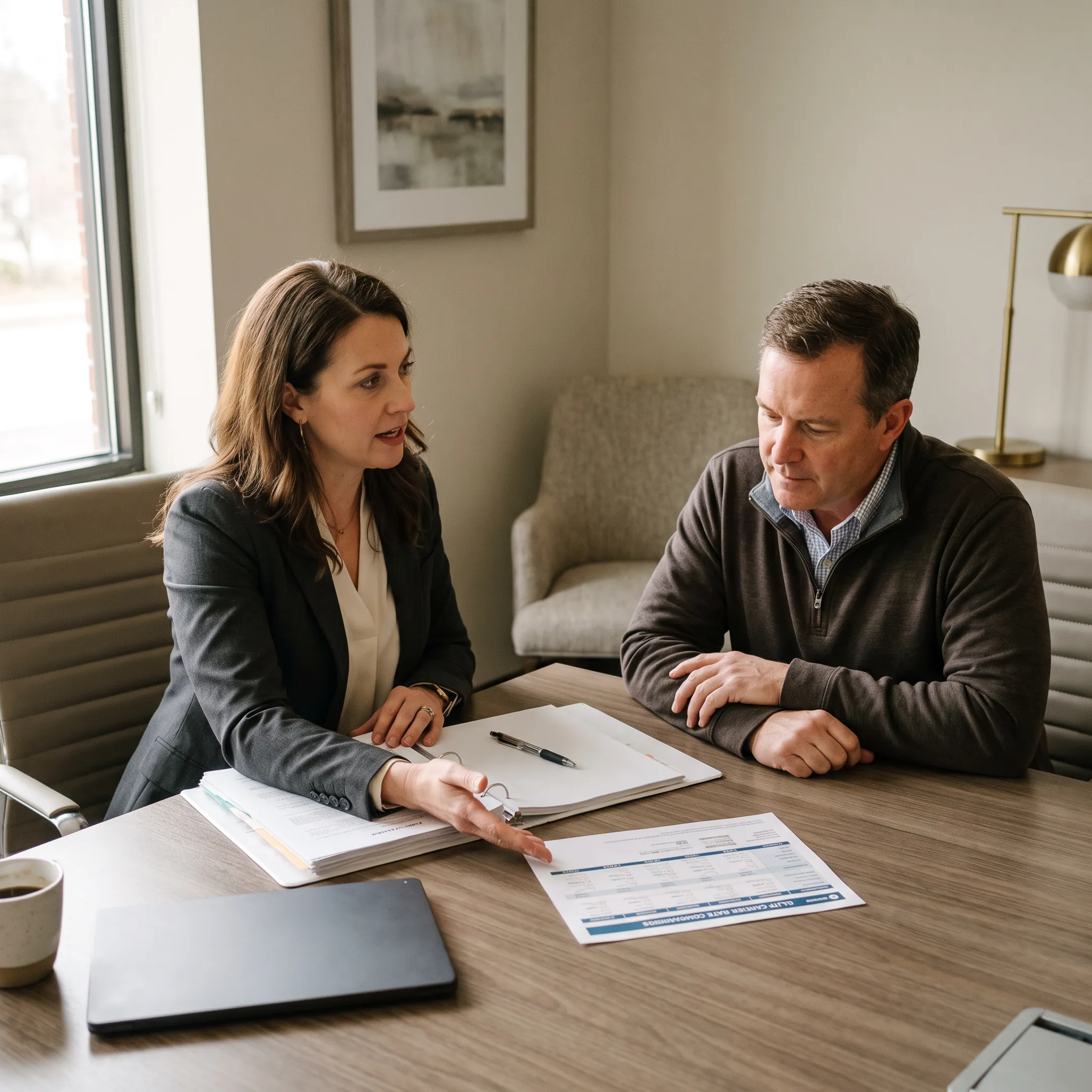 Independent commercial insurance specialist consulting with a service contractor