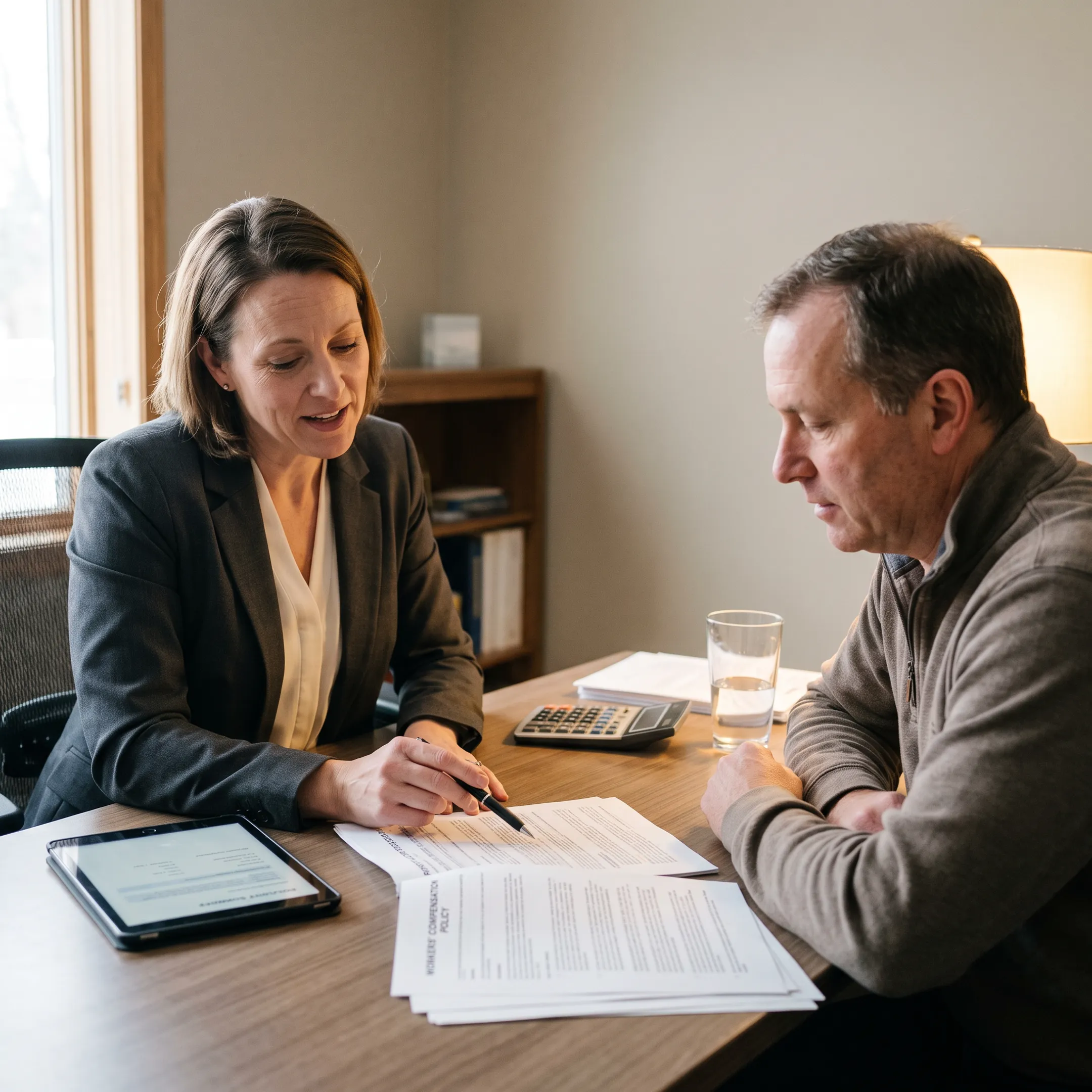 Commercial insurance agent reviewing workers compensation policy documents with a business owner