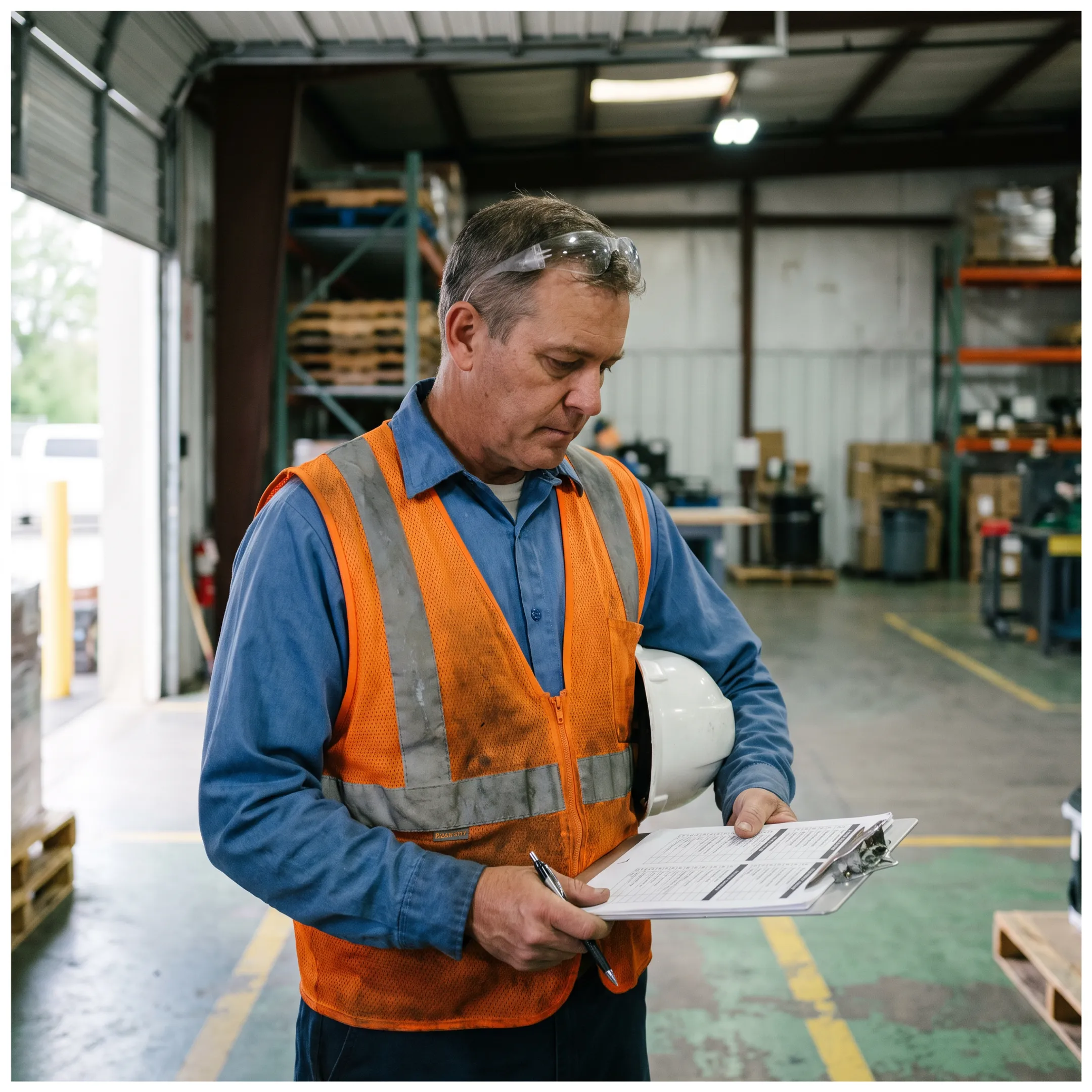 Business manager examining workers compensation safety guidelines and policy checklist