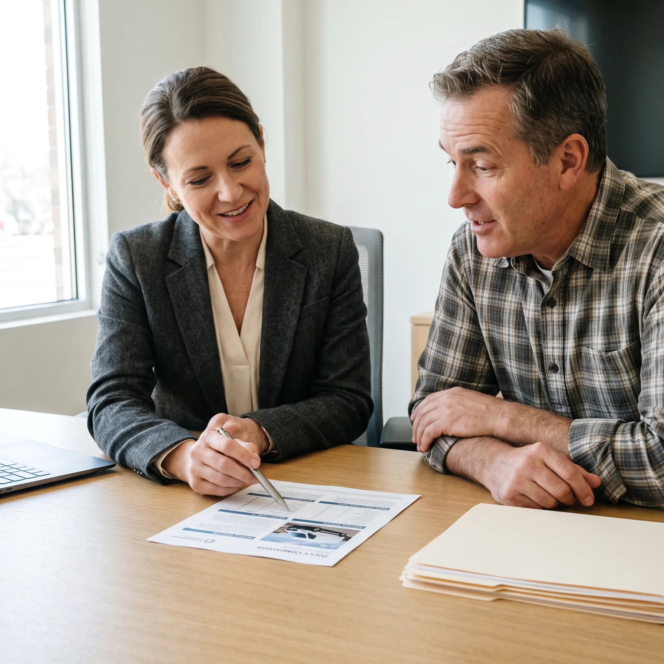 Business owner and independent insurance advisor reviewing commercial vehicle policies