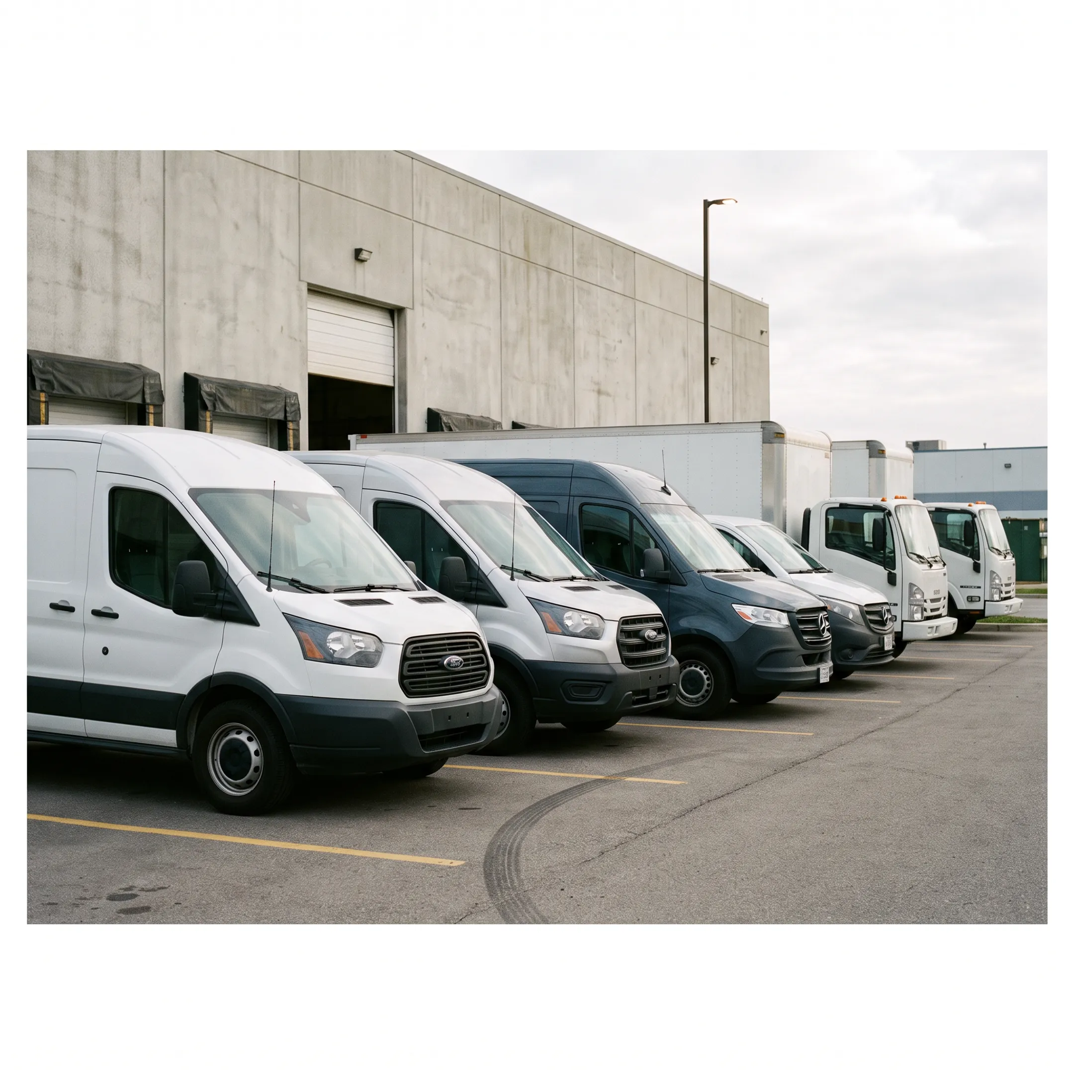 Commercial fleet vehicles parked in an organized row ready for business operations