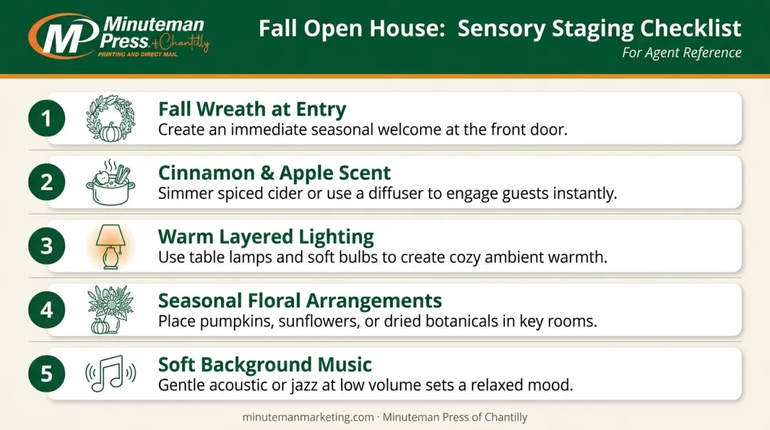 Five-element fall open house multi-sensory staging checklist for real estate agents