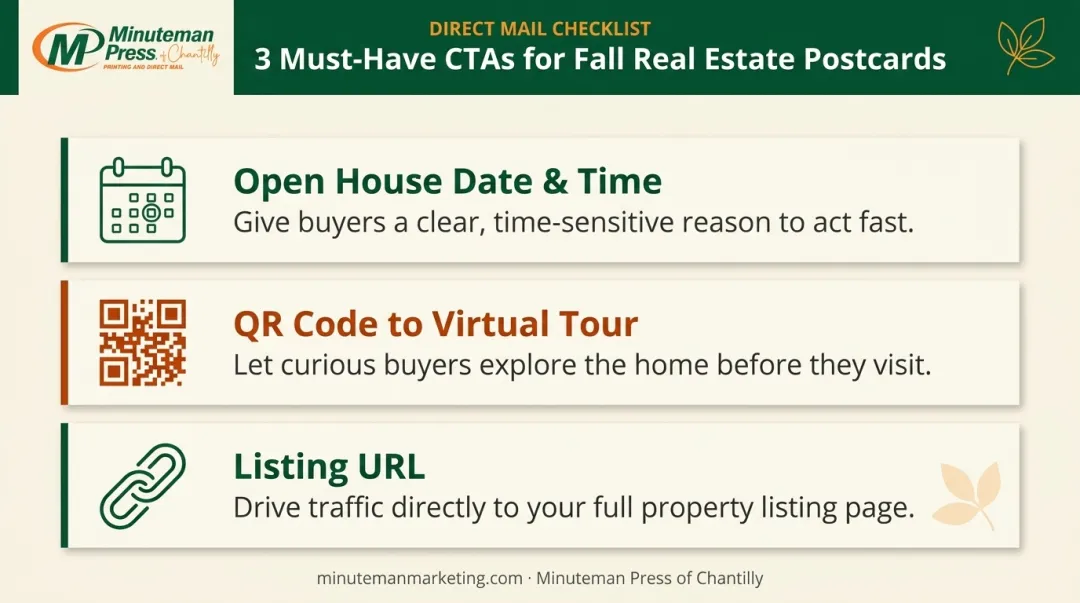 Three-part fall real estate postcard call-to-action elements checklist infographic