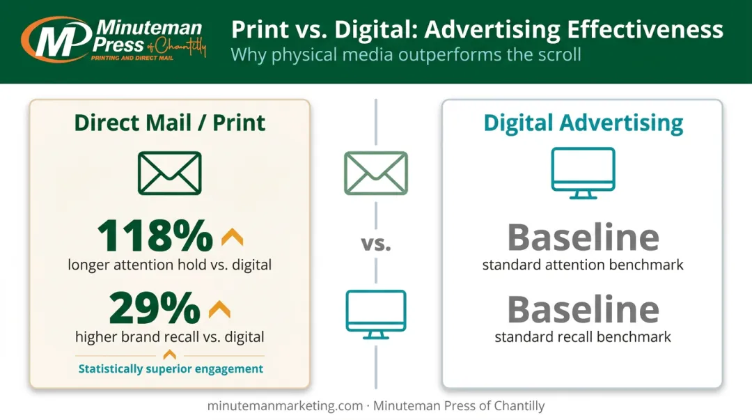 Print versus digital advertising attention and brand recall statistics comparison infographic