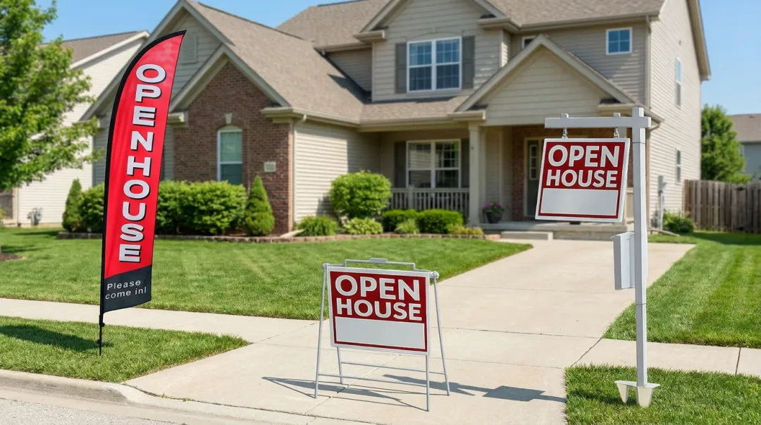 Real estate yard signs A-frame signs and feather flags displayed at open house property