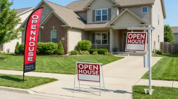 Real estate yard signs A-frame signs and feather flags displayed at open house property