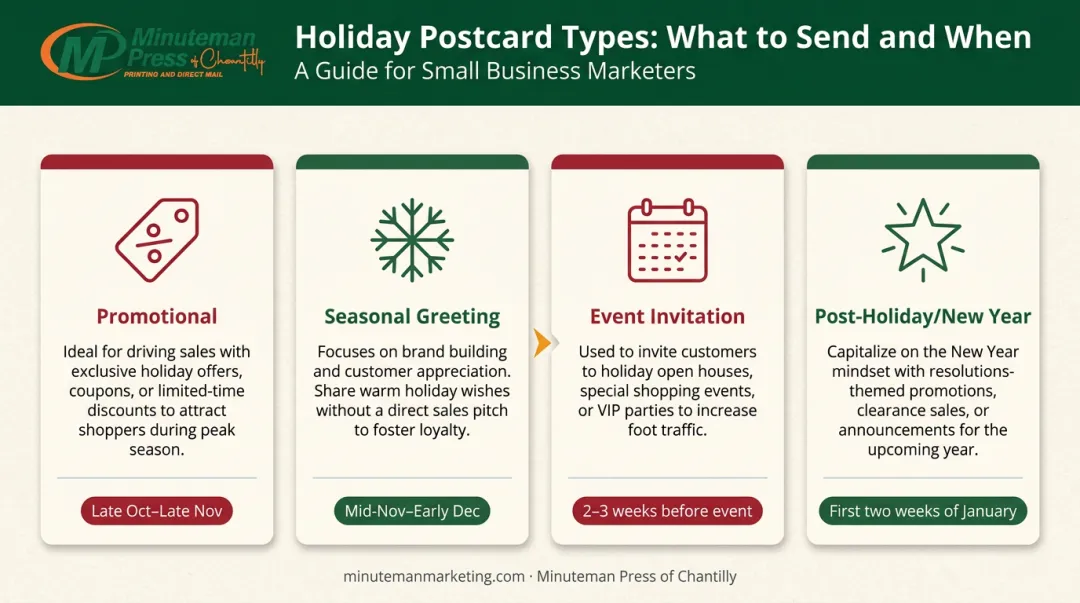 Four holiday postcard types with use cases and ideal send windows comparison