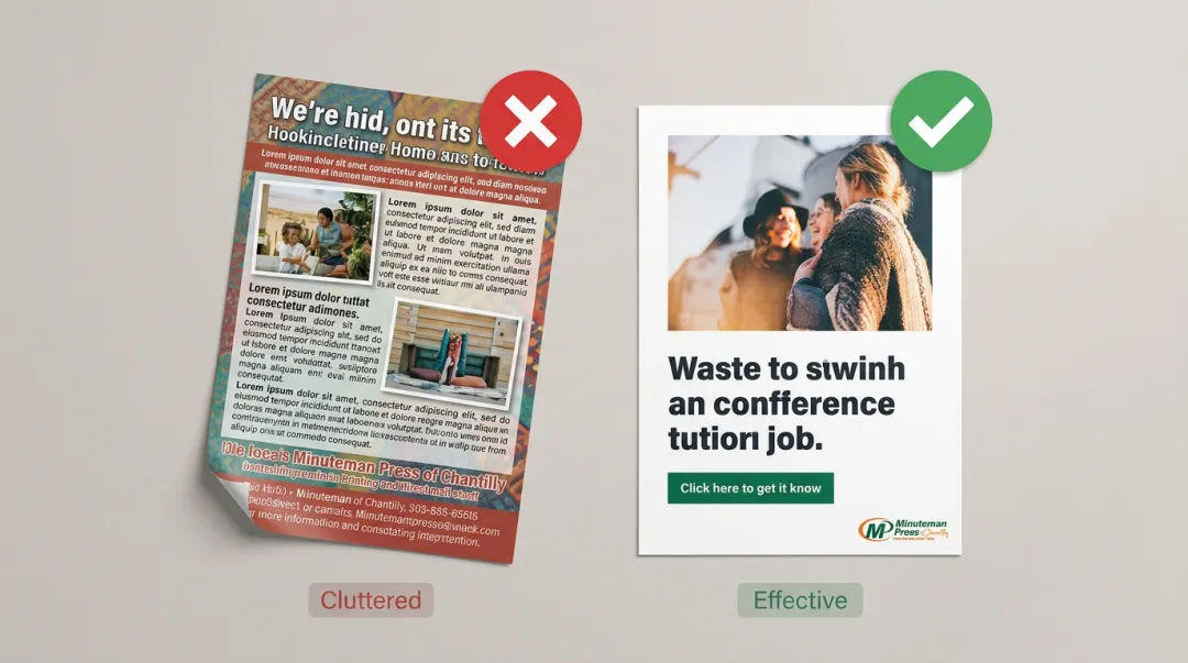 Side-by-side postcard design comparison showing cluttered versus clean white space layout