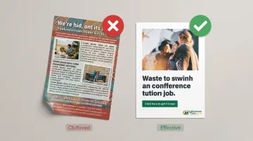Side-by-side postcard design comparison showing cluttered versus clean white space layout