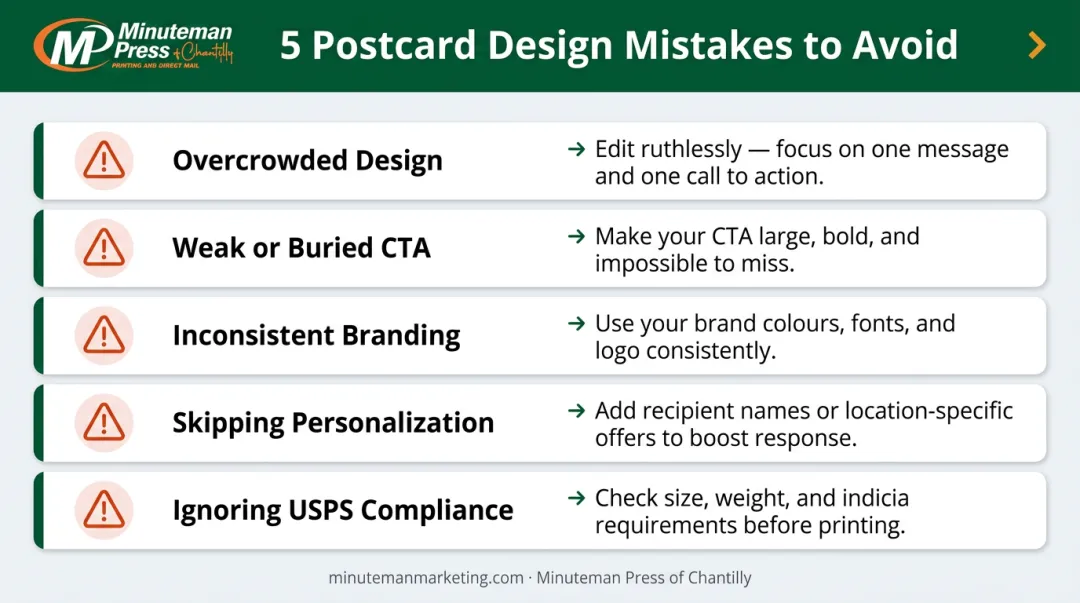 Five common postcard design mistakes to avoid direct mail campaigns infographic