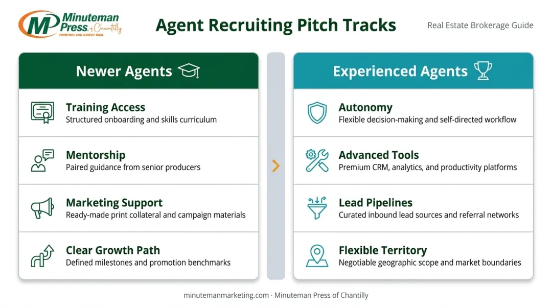 Two-track brokerage recruiting pitch comparison for new versus experienced real estate agents