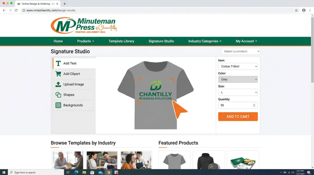 Minuteman Press Chantilly online platform showing templates design tool and ordering interface