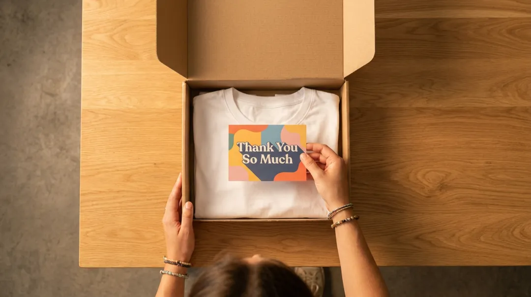 E-commerce package unboxing with printed postcard insert on table