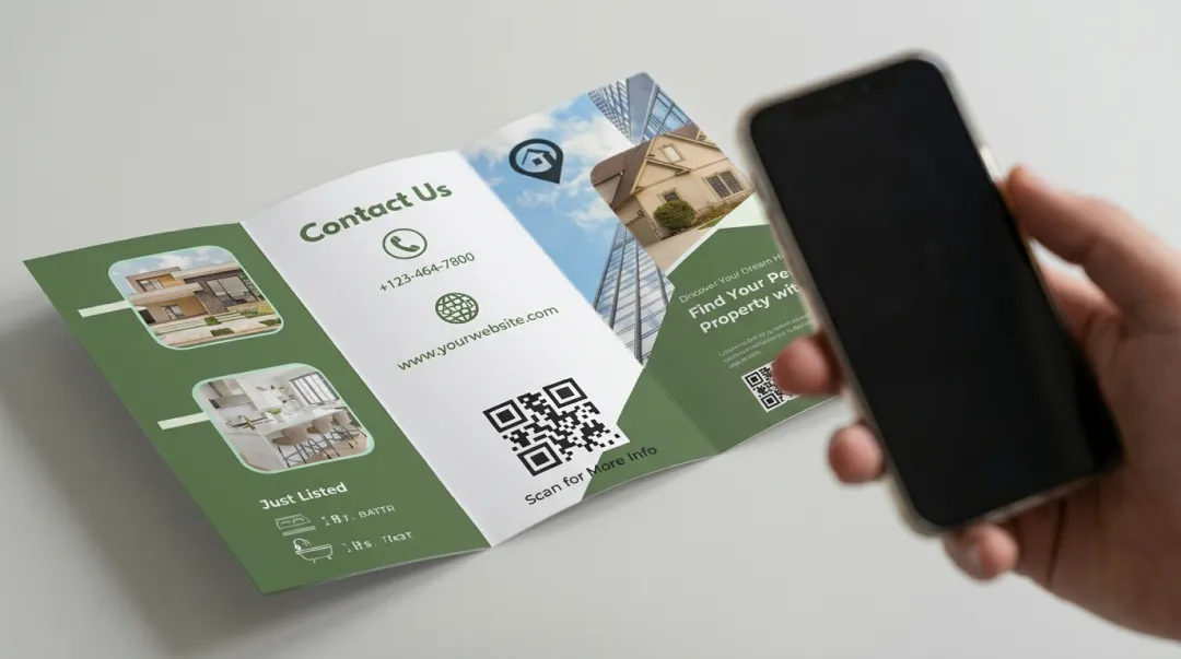 Printed real estate brochure with QR code linking to virtual property tour