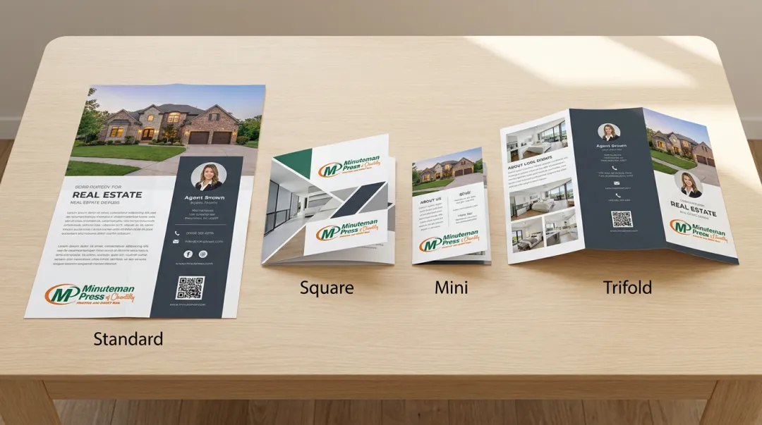 Real estate listing brochure formats including standard trifold and premium multi-page layouts