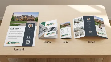 Real estate listing brochure formats including standard trifold and premium multi-page layouts