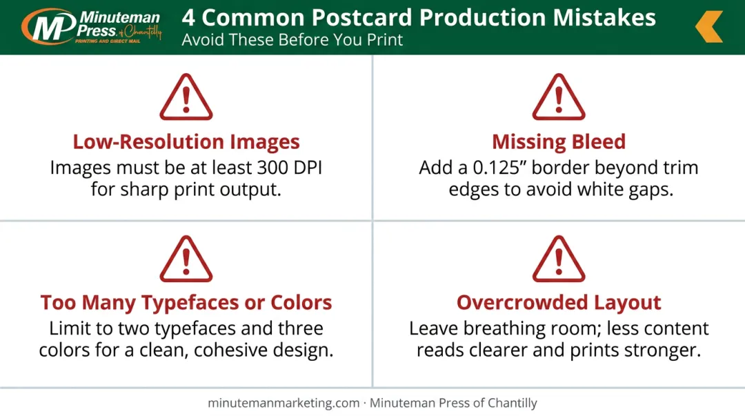 Four critical postcard production mistakes to avoid with corrective tips infographic