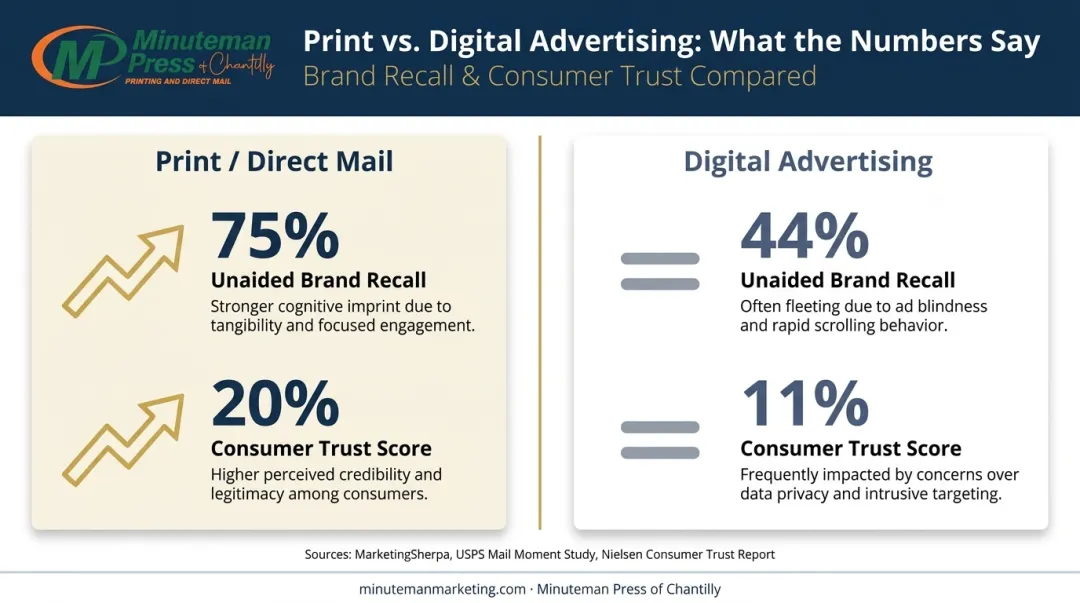 Print versus digital advertising recall and trust statistics comparison infographic