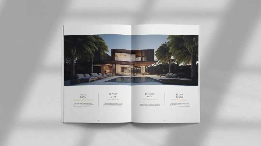 Luxury real estate brochure open spread showing generous white space editorial layout