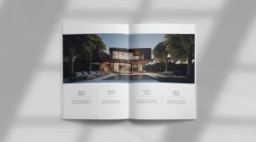 Luxury real estate brochure open spread showing generous white space editorial layout