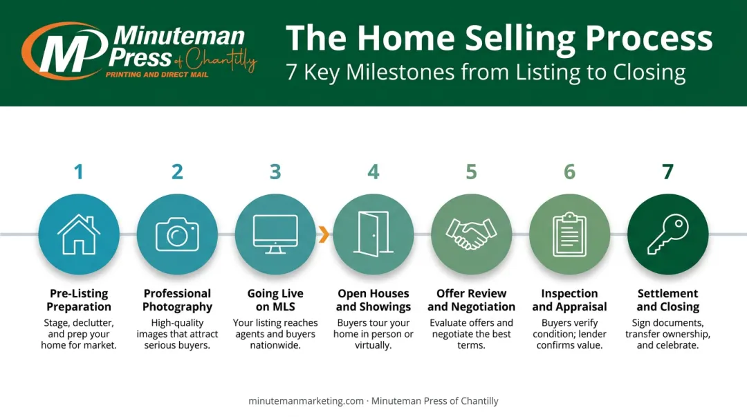 7-step home selling timeline from pre-listing preparation to closing settlement