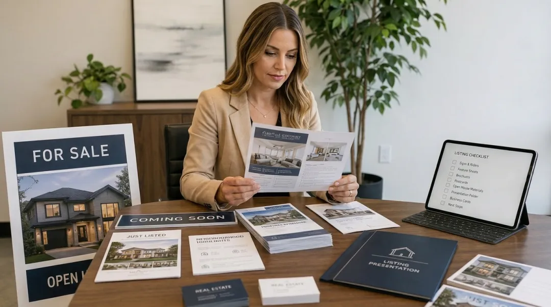 Real estate agent reviewing personalized listing package materials before seller appointment