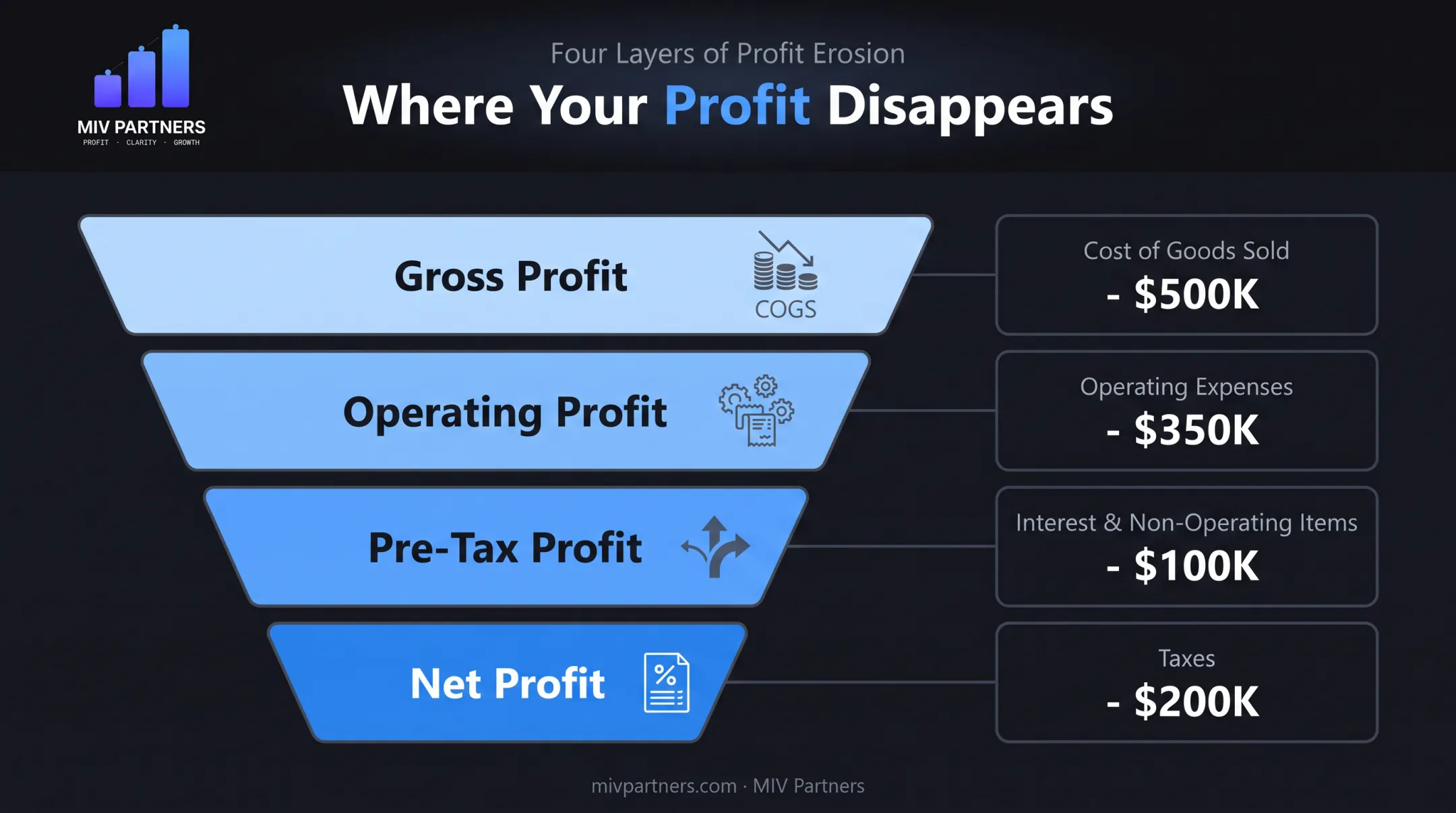 Four types of profit hierarchy from gross to net profit breakdown
