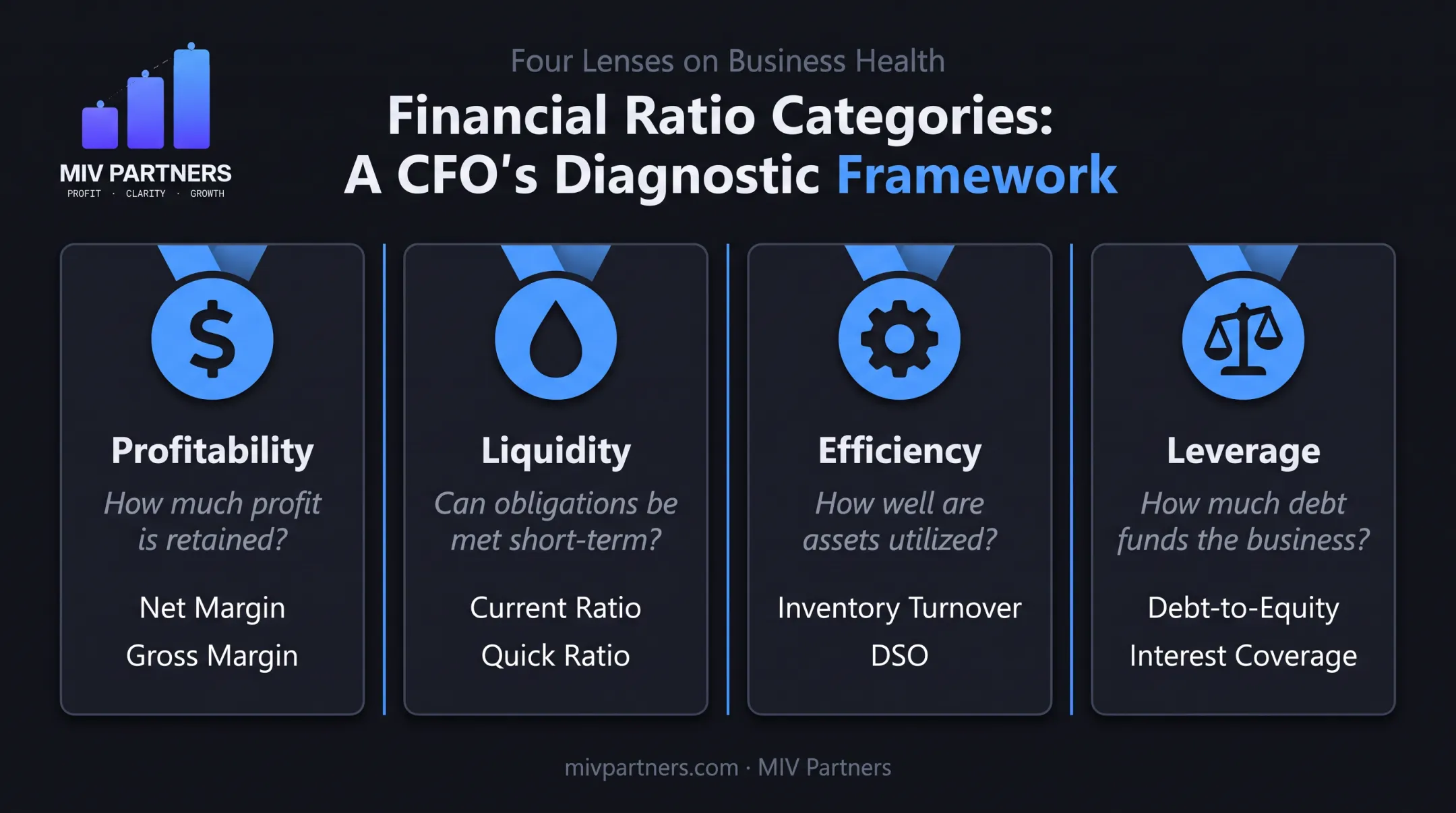 Four categories of financial ratio analysis with example metrics