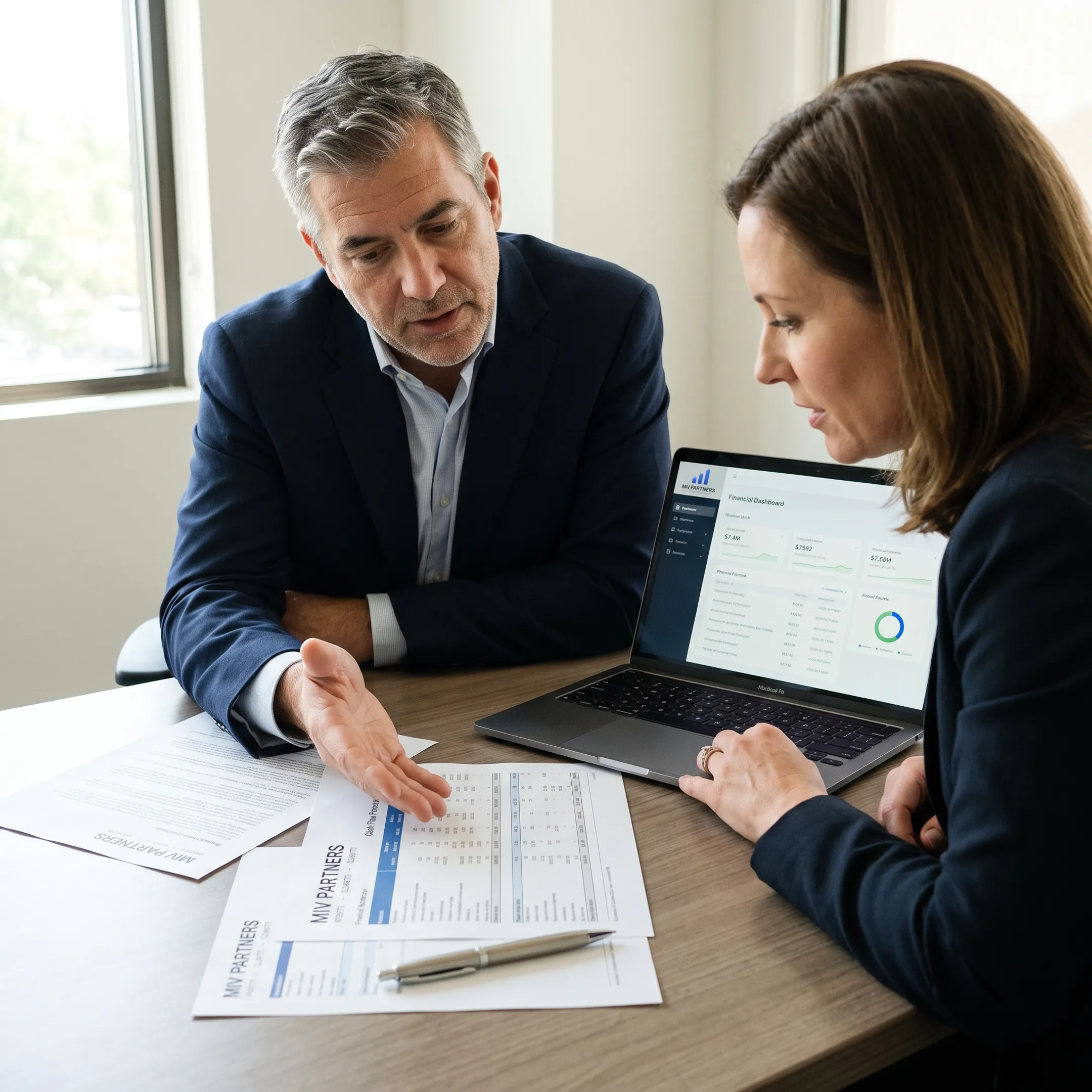 Business leader and CFO reviewing a financial roadmap