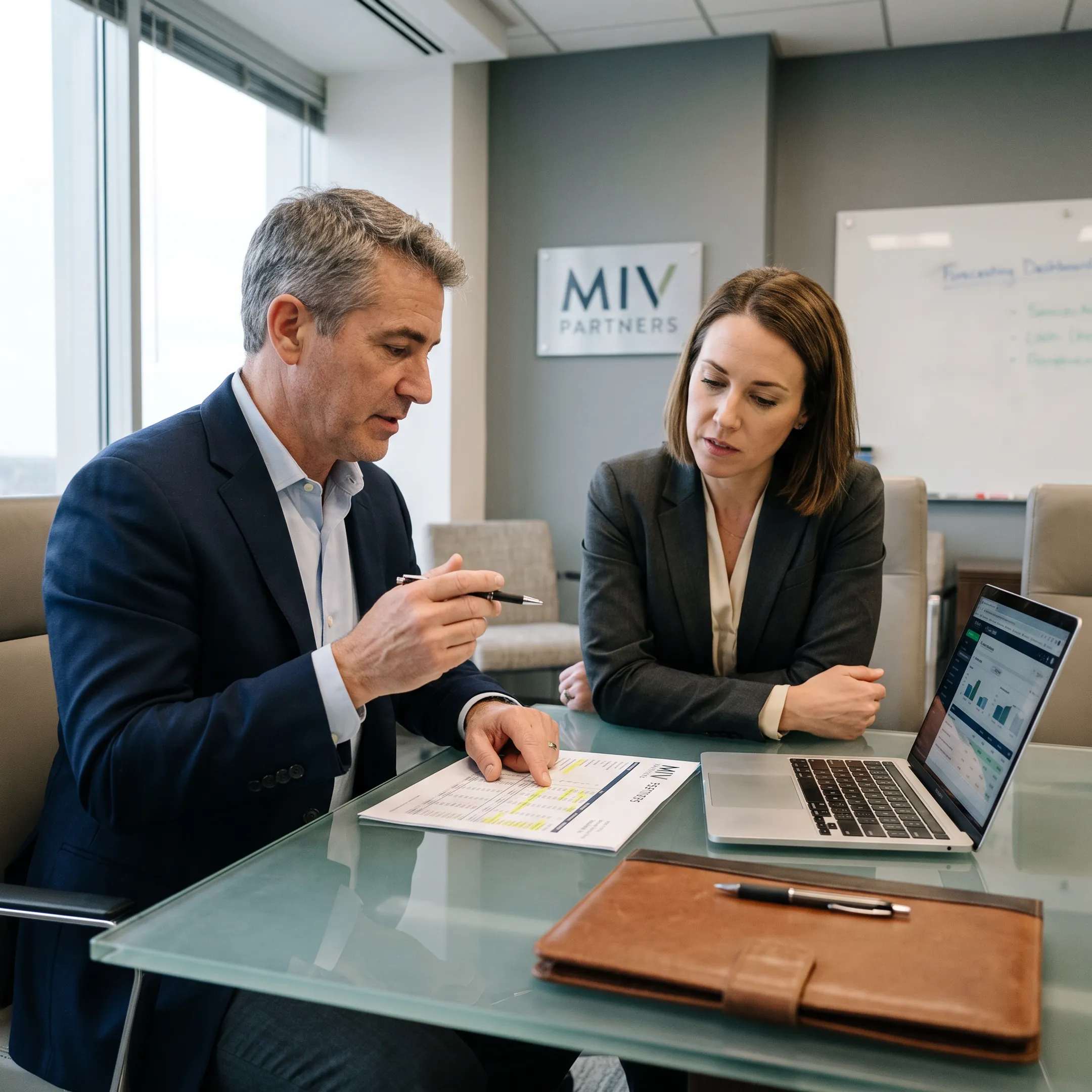CFO advisor reviewing financial reports with a business owner