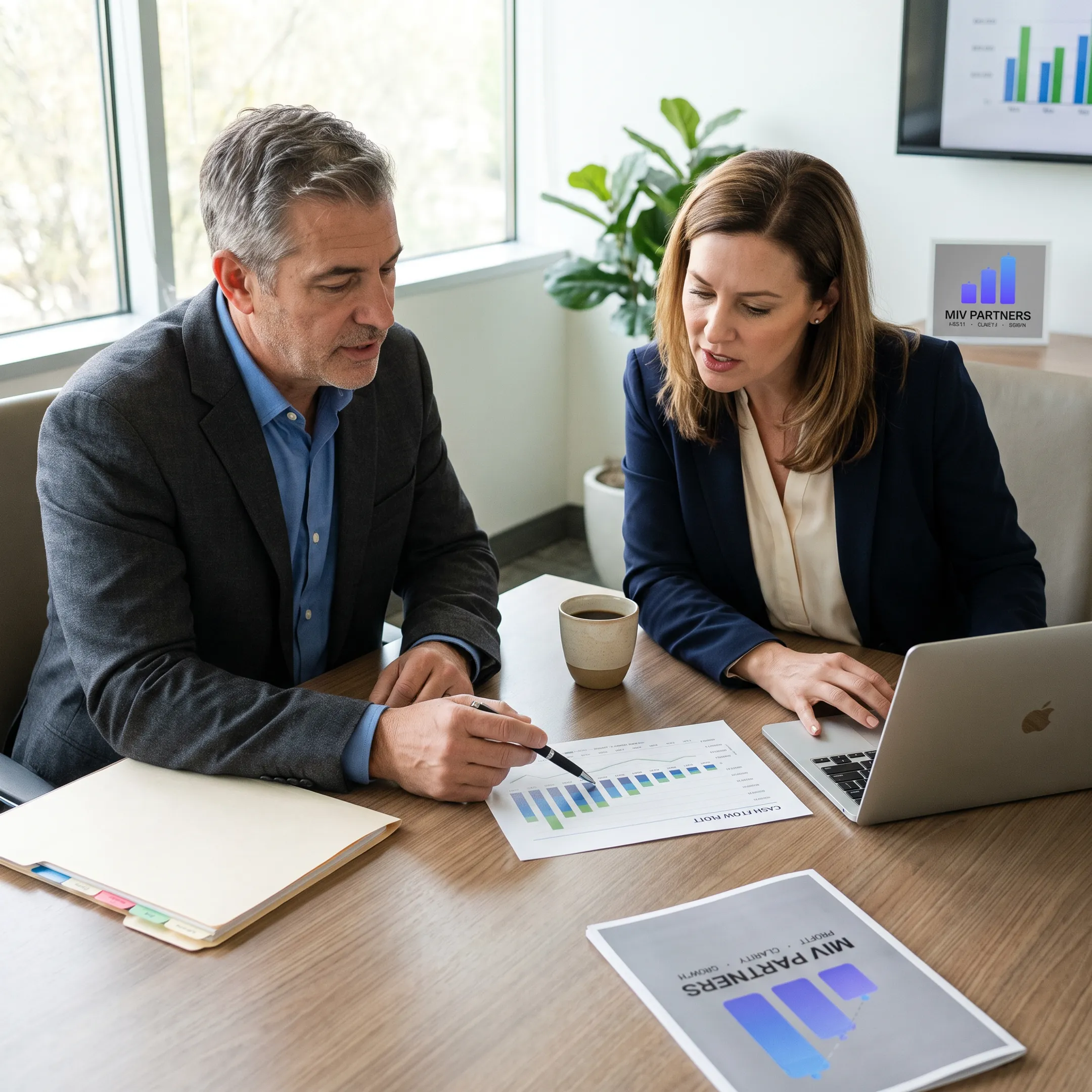 CFO advisor reviewing financial reports with a business owner