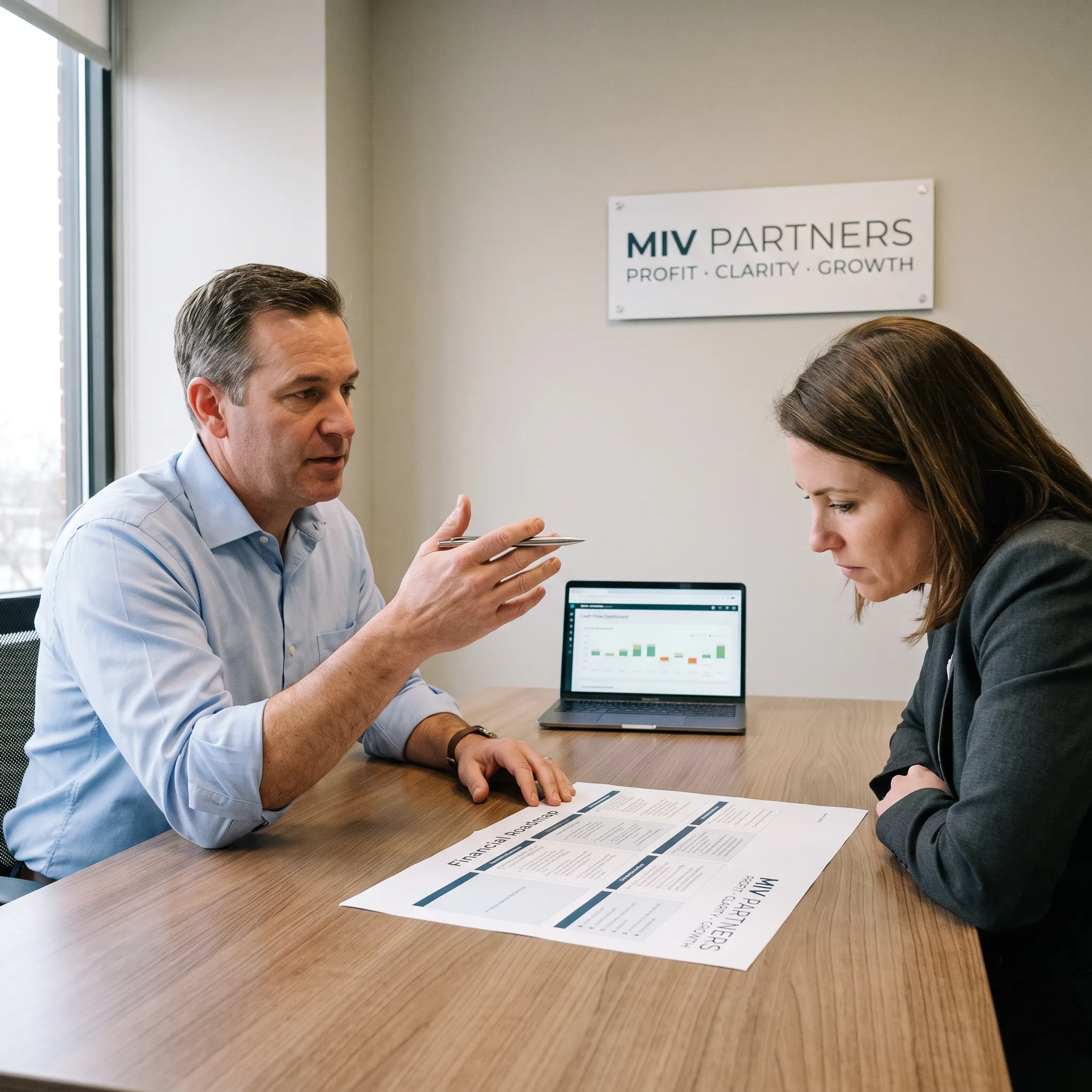 Business owner and CFO advisor discussing a financial growth plan