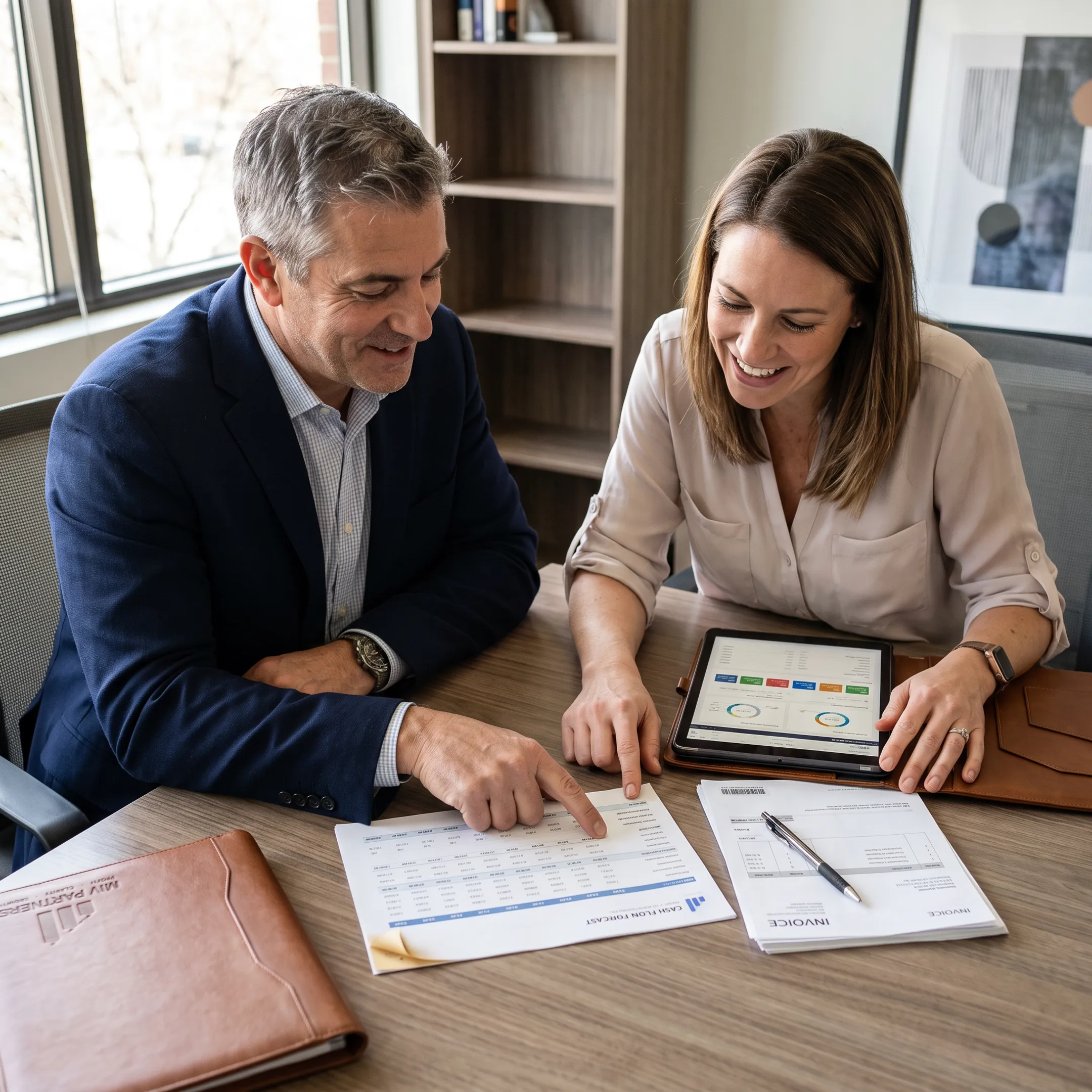 Business owner reviewing cash flow forecast with CFO advisor