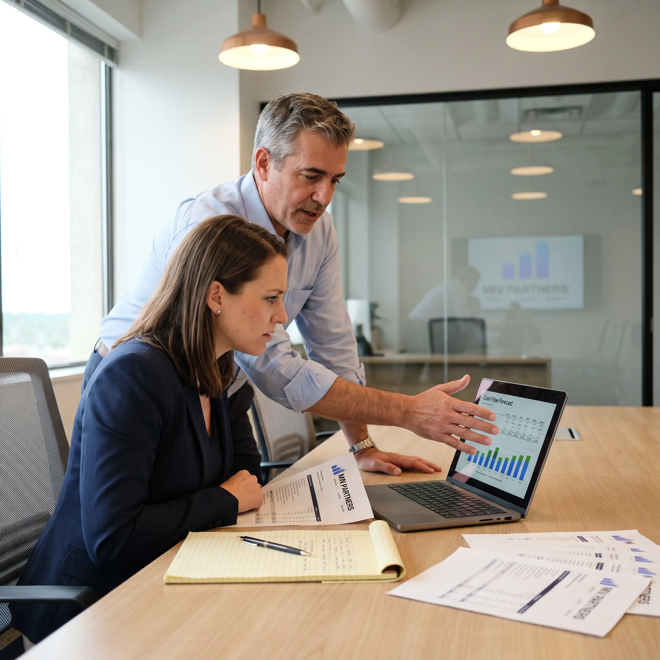 CFO advisor explaining cash flow dashboard to business founder