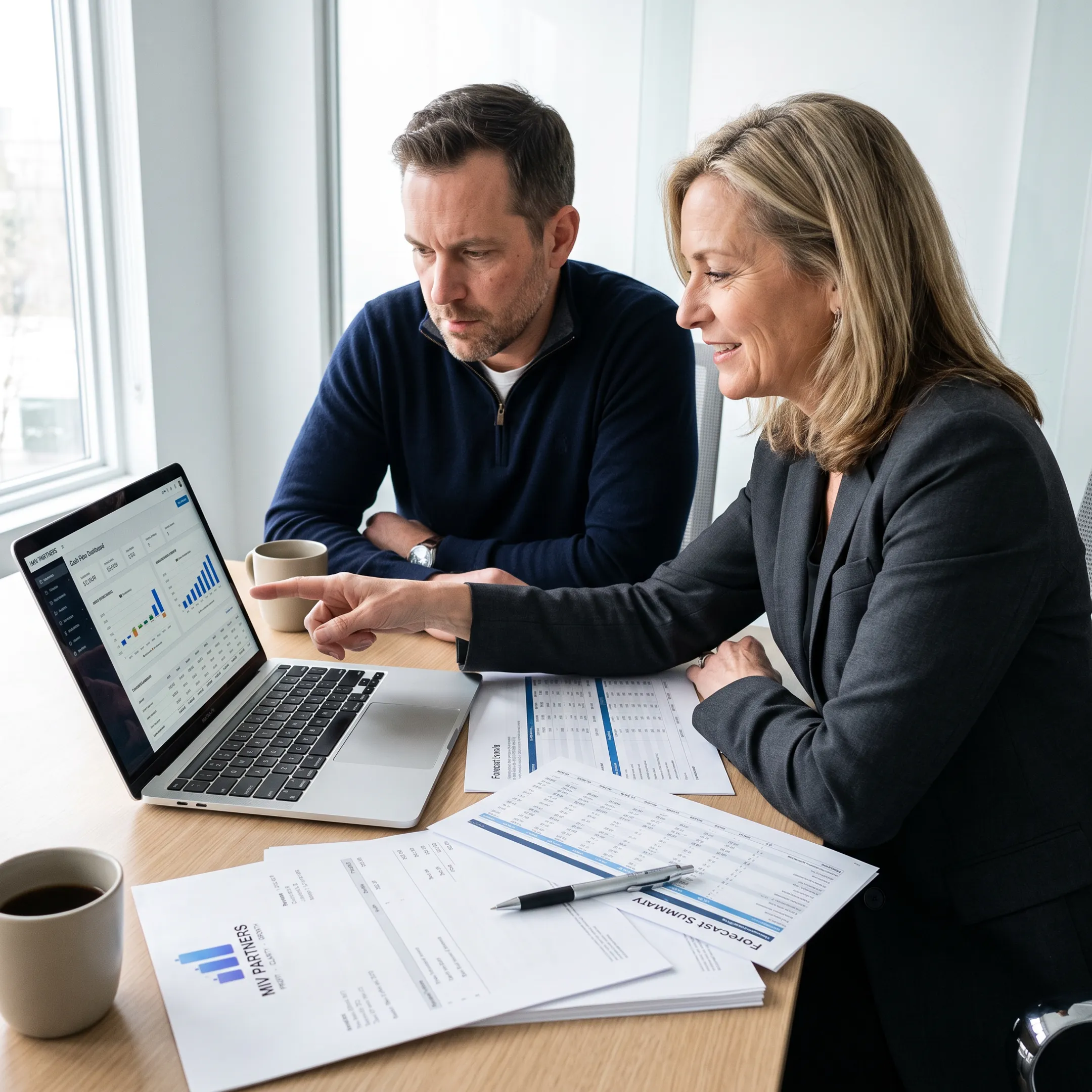 Founder reviewing cash flow reports with a CFO advisor