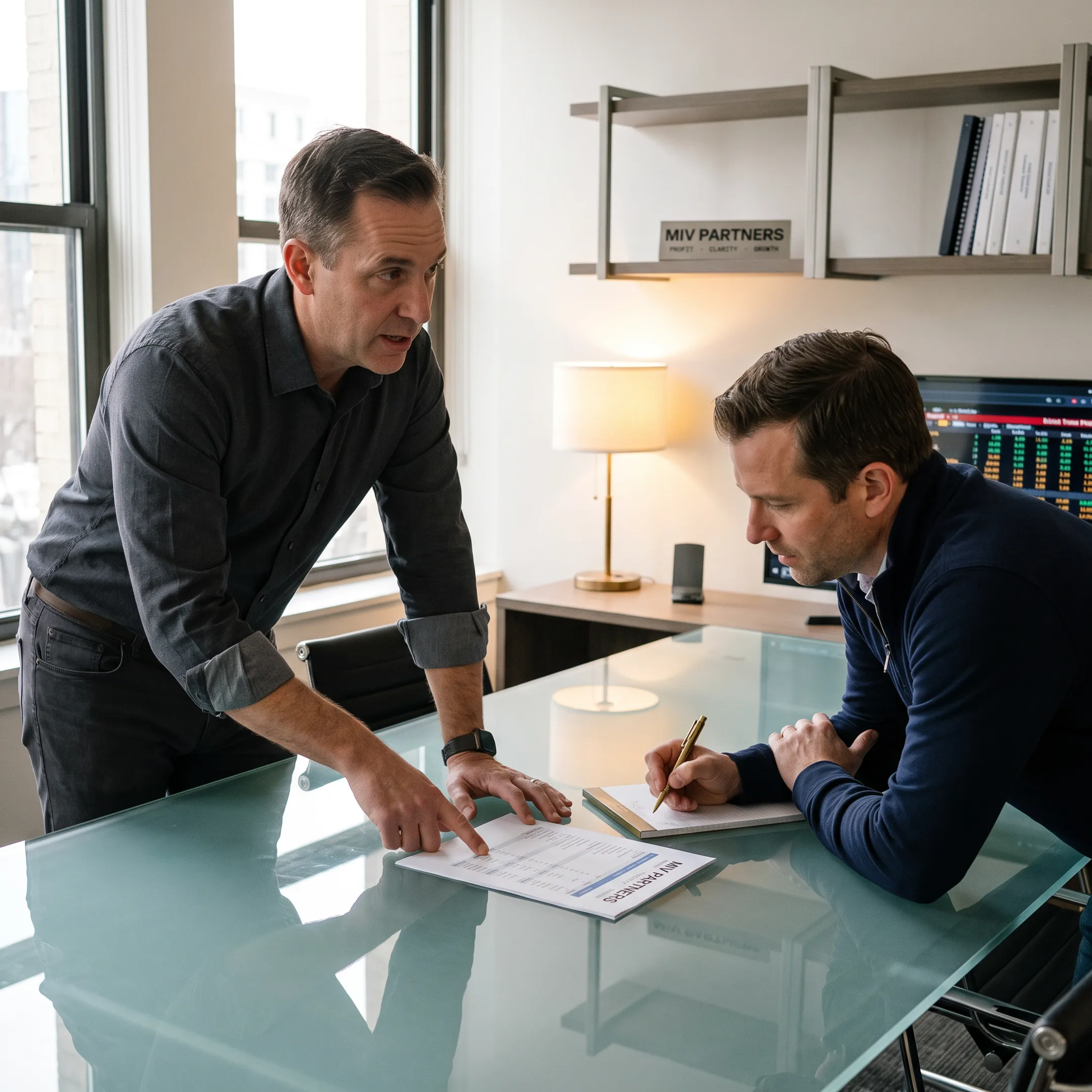 CFO advisor reviewing financial reports with a business owner