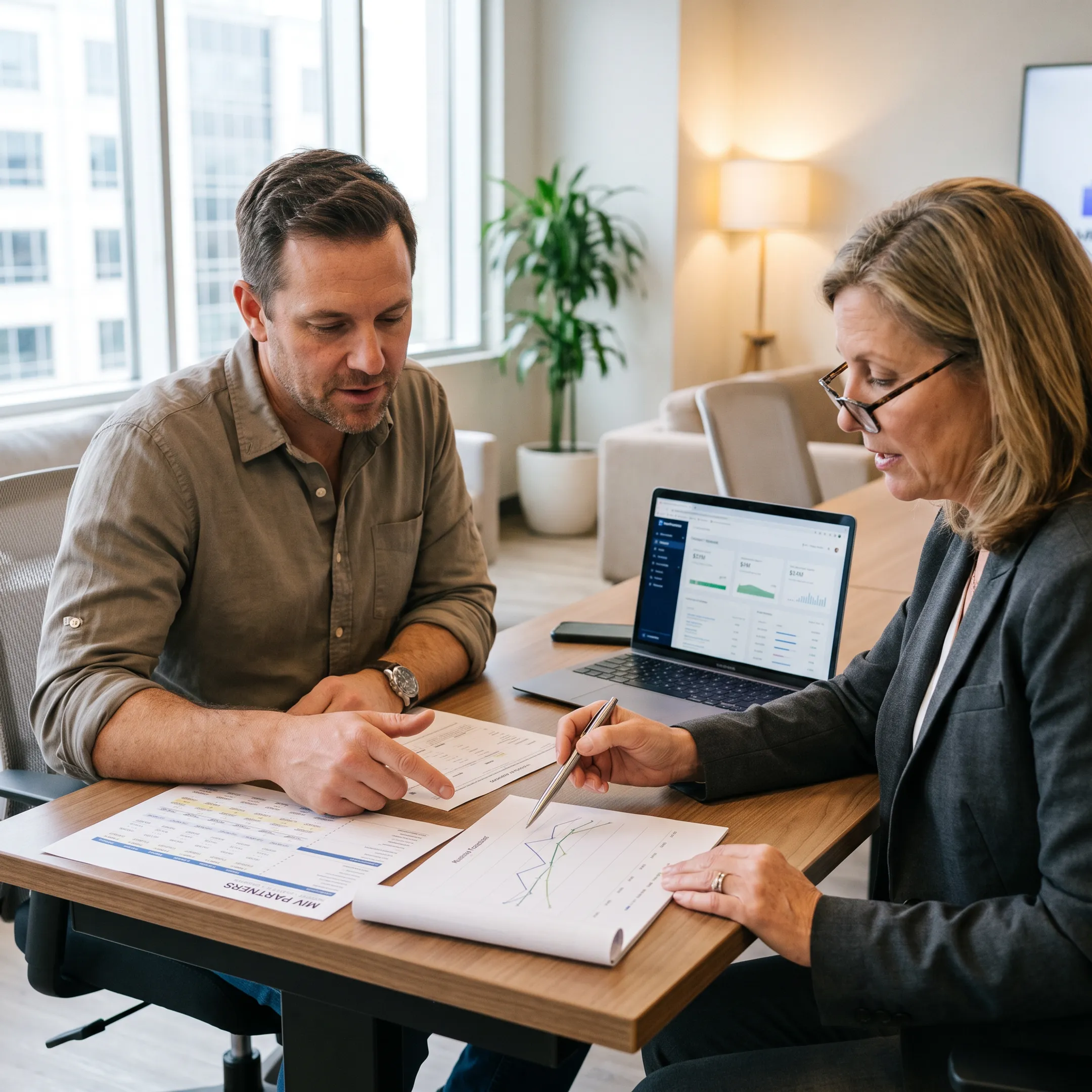 Business owner and CFO advisor reviewing a financial dashboard