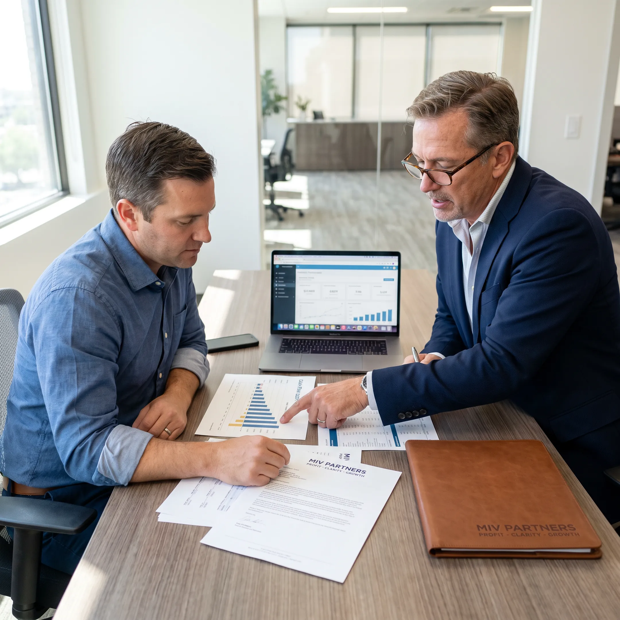 Business owner and CFO advisor reviewing financial reports