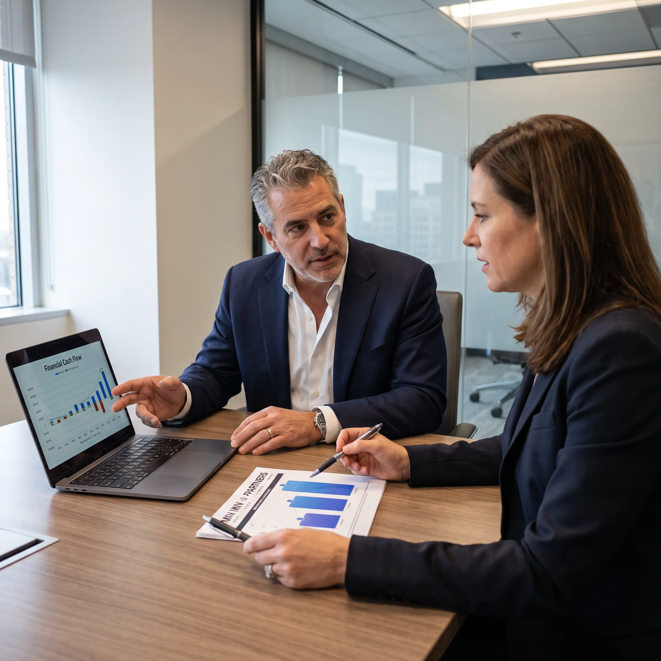 Financial advisor reviewing business performance data