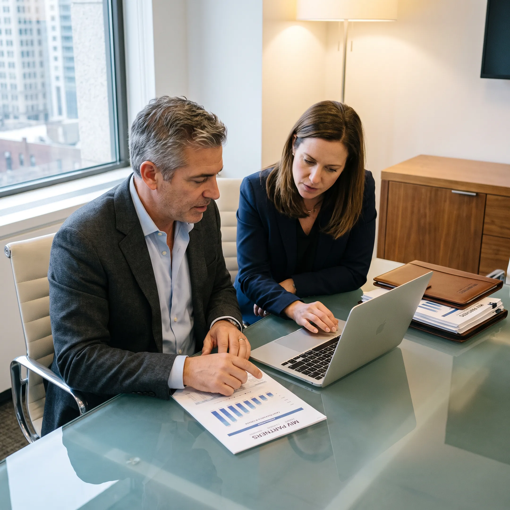 Financial advisor reviewing performance data with a business owner