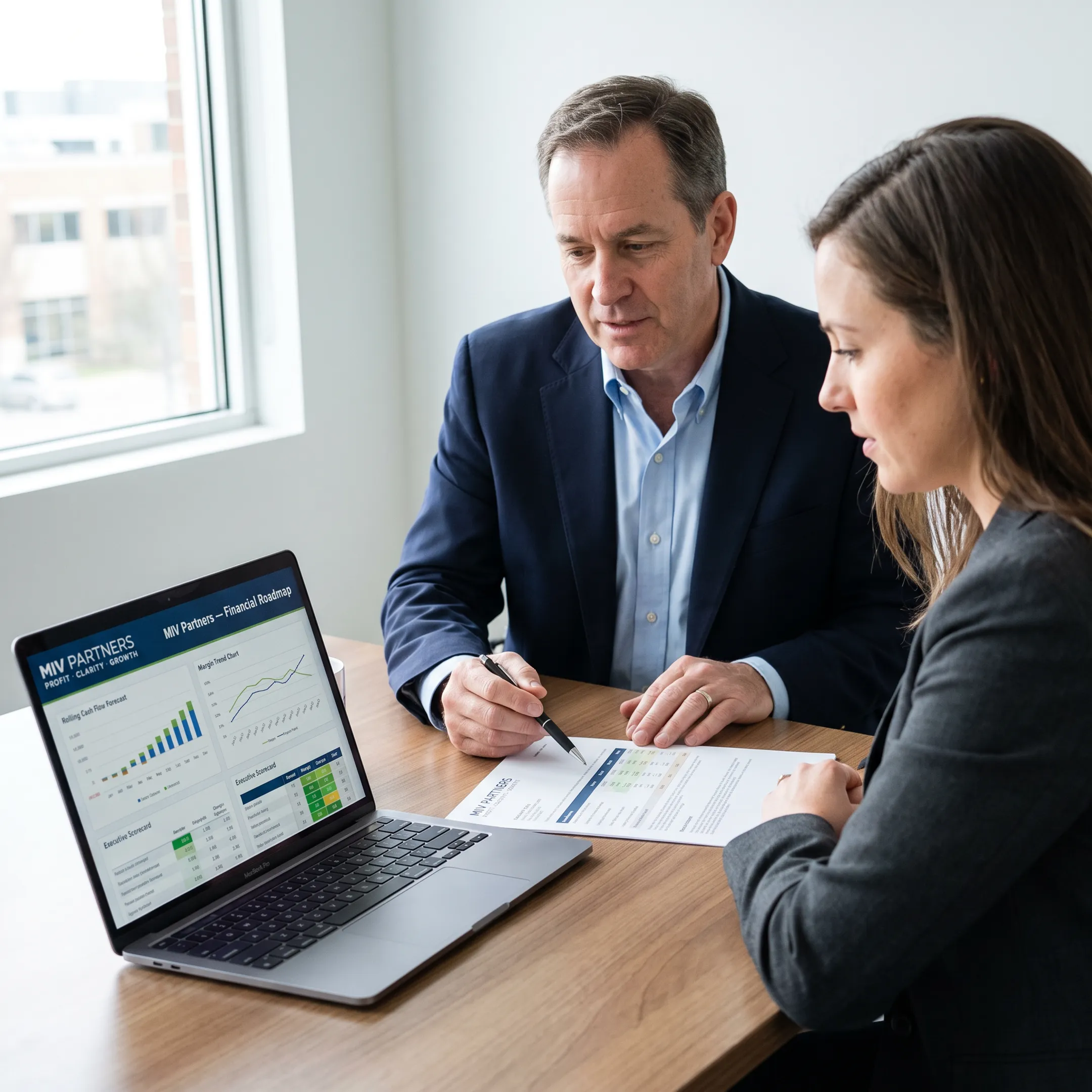 Business owner and CFO advisor discussing a financial plan