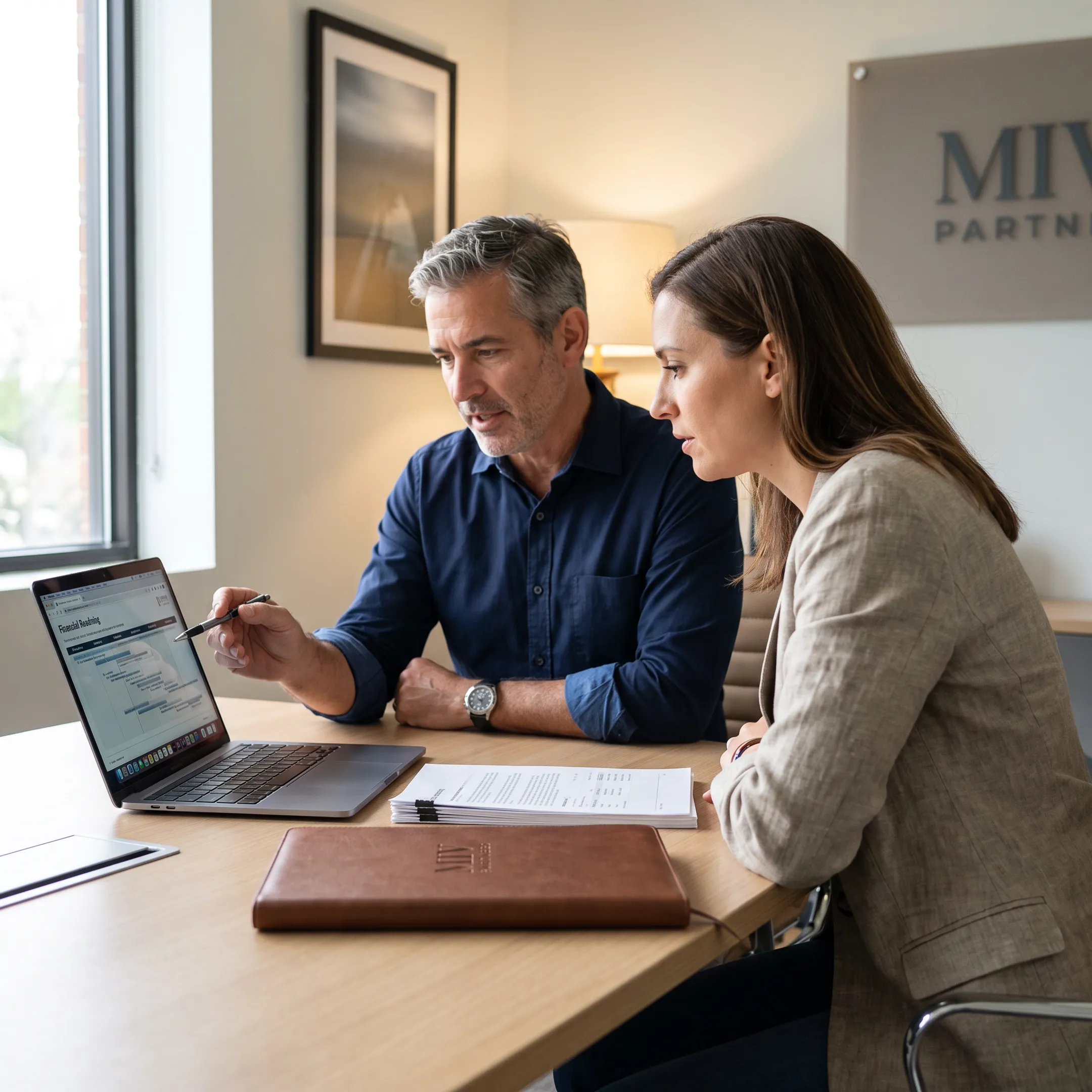 Business owner and CFO advisor discussing a financial roadmap