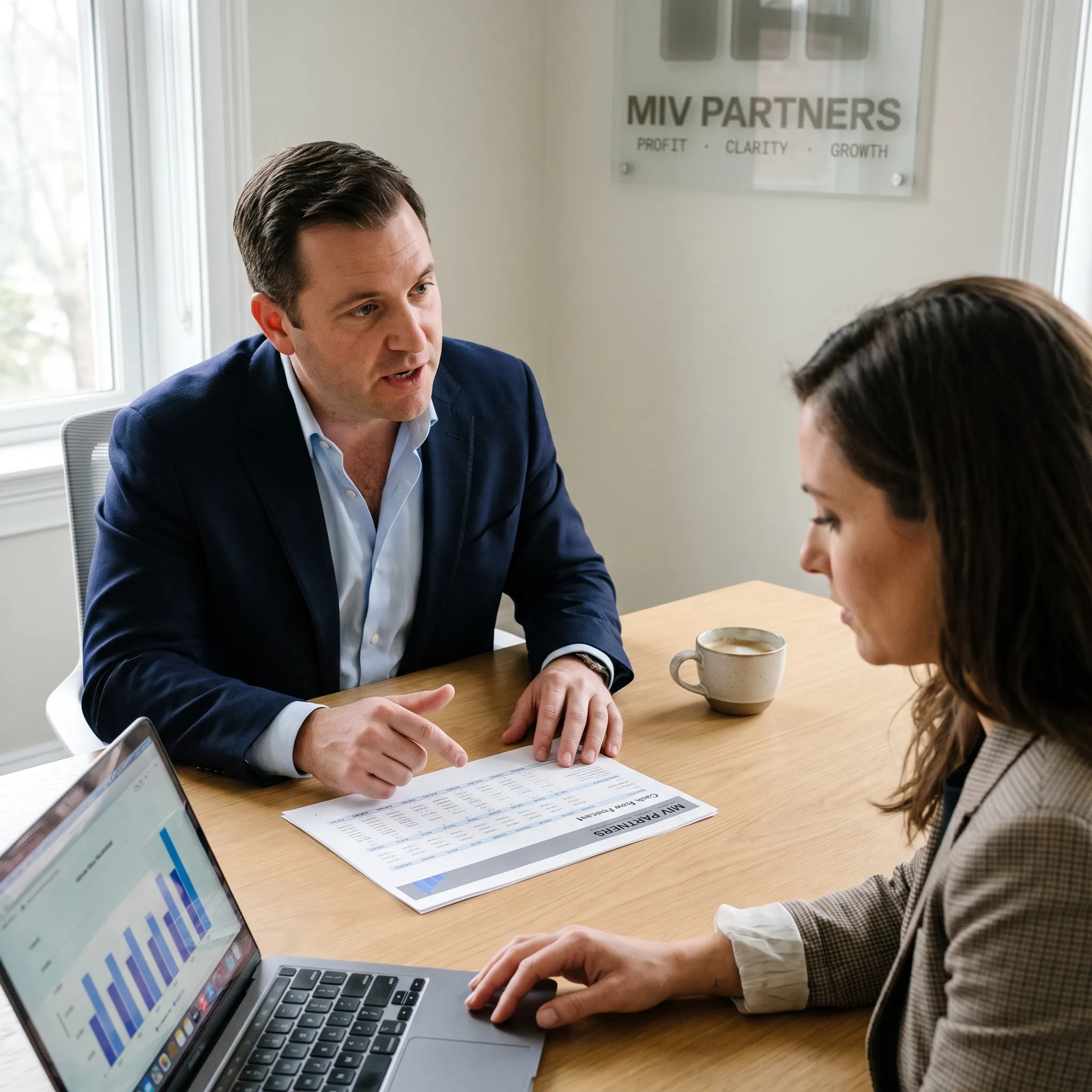CFO advisor explaining financial strategy to founder