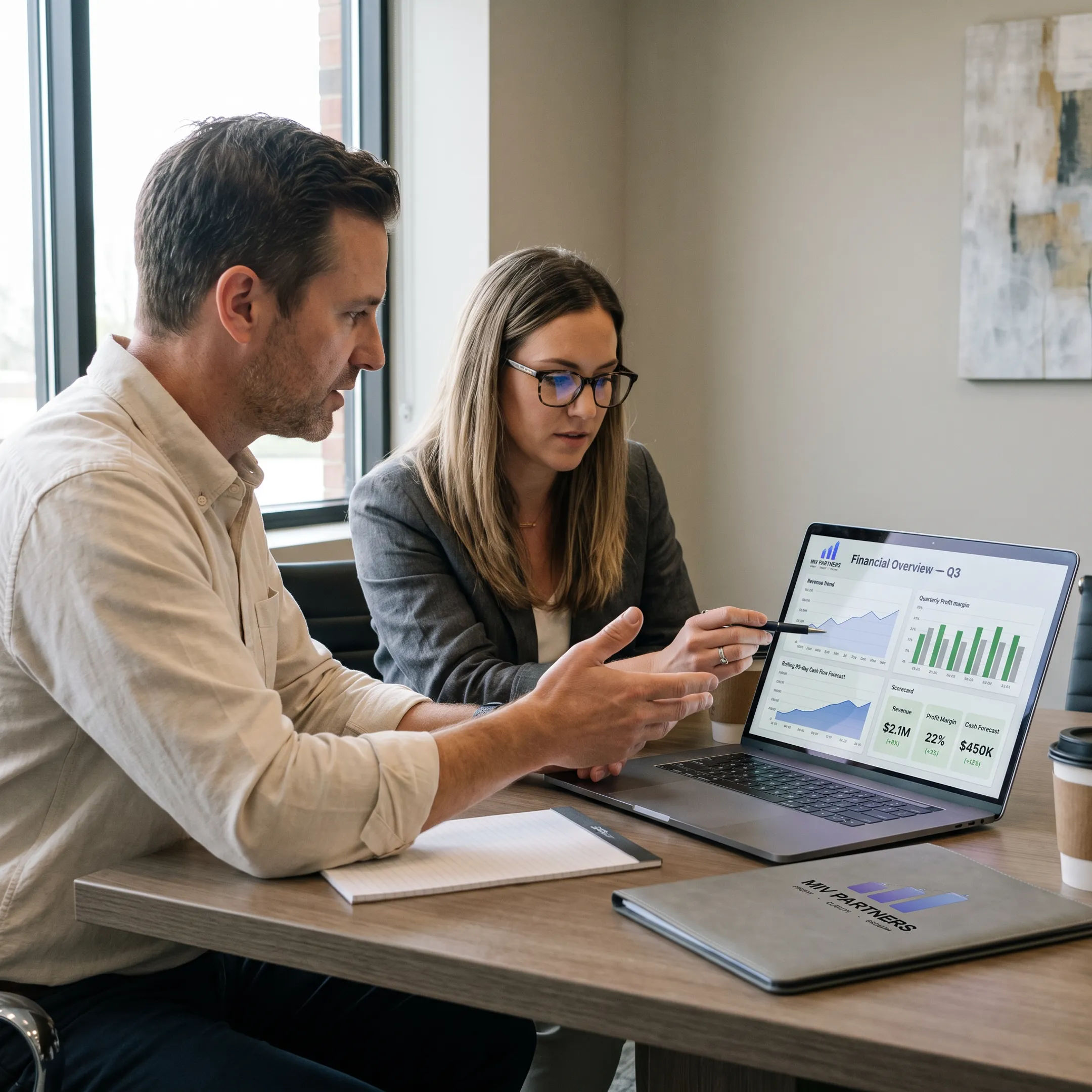 Founder and CFO advisor reviewing a financial dashboard