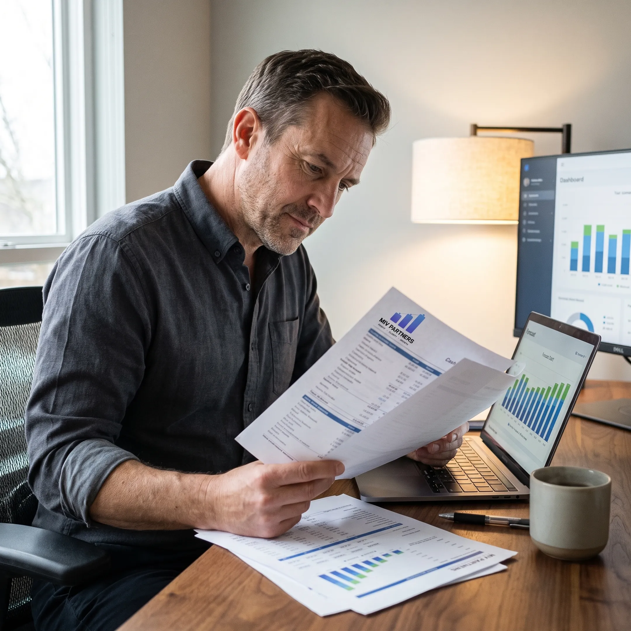 Advisor reviewing financial reports with a business owner